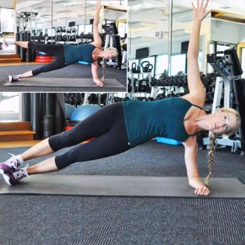 Bài tập 6: Bài tập cho phần lườn. Nghiêng người phía bên trái, chân thẳng và giữ người bằng tay trái, tay phải giơ cao. Dùng lực của bụng và chân phải, nâng chân trái và cơ thể lên sao cho chúng tạo thành đường thẳng. Lặp lại động tác 10 lần với mỗi bên. Nghỉ 2 phút rồi tiếp tục lặp lại toàn bộ bài tập