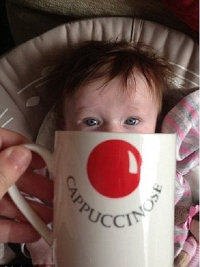 Em bé cappuchinose ngọt ngào chui ra từ chiếc tách khổng lồ.