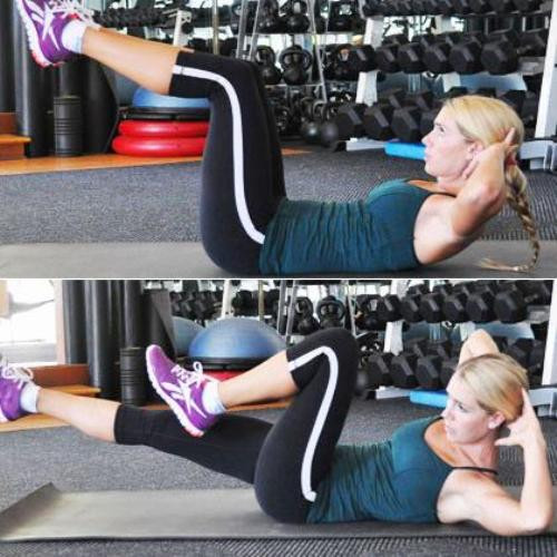 Bước 5: Bài tập đạp xe chậm. Tư thế ban đầu của cơ thể như ở bài tập Pilates ở bước 4. Đặt tay sau đầu và nâng nhẹ vai lên khỏi thảm. Từ từ duỗi thẳng chân phải và co chân trái lên. Đồng thời, nghiêng vai phải về hướng chân trái. Quay trở về trạng thái ban đầu và lặp lại với bên ngược lại. Thở vào khi về vị trí trung tâm và hít vào khi thực hiện động tác. Tập động tác trong vòng 30 giây rồi tiếp tục dành 30 giây để nhảy dây.