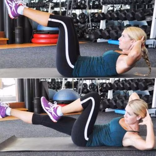 Bước 5: Bài tập đạp xe chậm. Tư thế ban đầu của cơ thể như ở bài tập Pilates ở bước 4. Đặt tay sau đầu và nâng nhẹ vai lên khỏi thảm. Từ từ duỗi thẳng chân phải và co chân trái lên. Đồng thời, nghiêng vai phải về hướng chân trái. Quay trở về trạng thái ban đầu và lặp lại với bên ngược lại. Thở vào khi về vị trí trung tâm và hít vào khi thực hiện động tác. Tập động tác trong vòng 30 giây rồi tiếp tục dành 30 giây để nhảy dây.