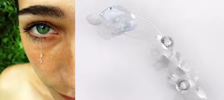 Kính áp tròng được gắn hạt cườm là một trong những ý tưởng rất mới mẻ trong làng thời trang vài năm trở lại đây. Một sợi đây đính hạt cườm được gắn lên bề mặt của kính áp tròng, người đeo sẽ có đôi mắt "lóng lánh" lệ rơi.