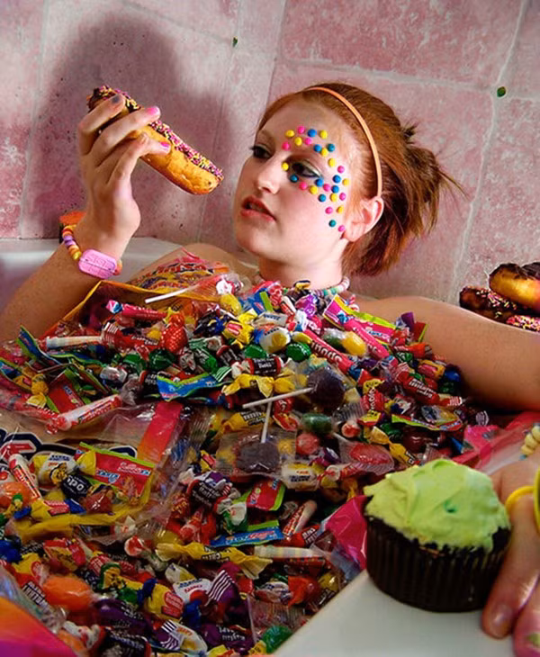 Núi bánh kẹo đầy màu sắc chất đầy lên người cô gái xinh đẹp này.