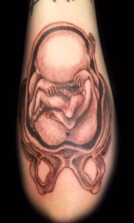 Một bào thai đang uốn mình nằm trong bụng mẹ.