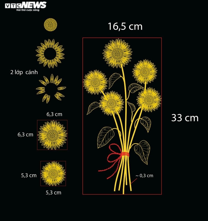 Bức tranh hoa hướng dương có chiều cao 33cm, chiều rộng 16,5cm, được chế tác thủ công từ bạc nguyên chất, mạ vàng 24K. Từng chi tiết của bông hoa được chế tác tinh xảo từ những sợi bạc nhỏ li ti.