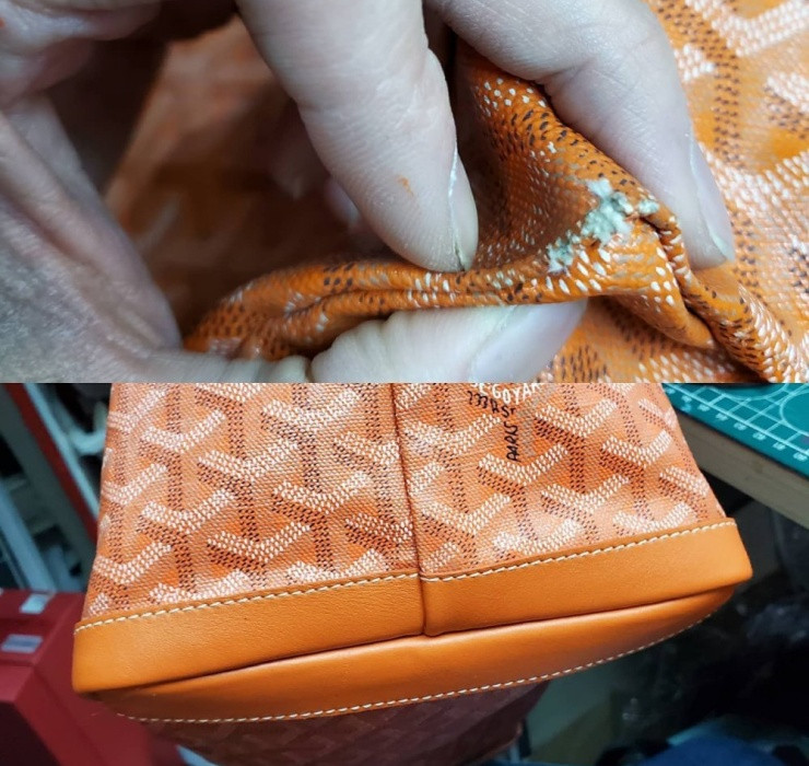 Để sửa một chiếc túi bị rách, người thợ cần trộn thạch cao với sơn, đánh giấy ráp để mịn bề mặt, sau đó dùng da đen bọc bên ngoài.