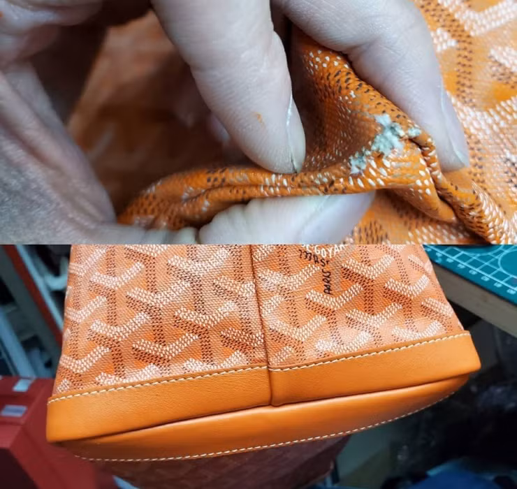 Để sửa một chiếc túi bị rách, người thợ cần trộn thạch cao với sơn, đánh giấy ráp để mịn bề mặt, sau đó dùng da đen bọc bên ngoài.