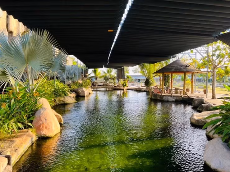 Trong biệt phủ có hồ cá Koi cùng hệ thống lọc nước 20 tầng, hồ phun biểu diễn nhạc nước nghệ thuật, ao sen khổng lồ, hồ nuôi 5 con cá hải tượng khổng lồ mỗi con đều trên 100kg.