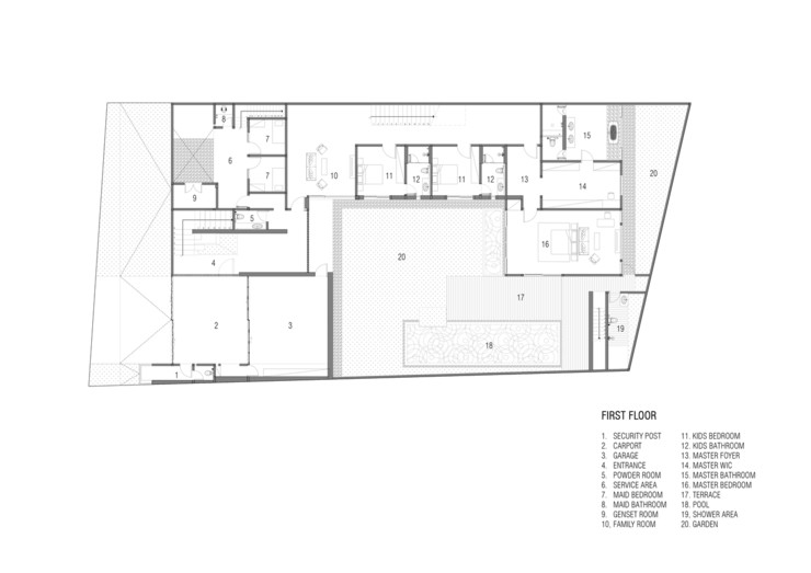 Lối đi thứ hai được thiết kế để trở thành khu vực chung có thể đi lên từ cầu thang dài dẫn đến lối vào chính.