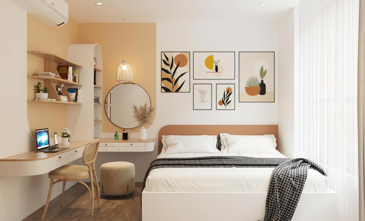 Phòng ngủ master cùng tome màu với phòng khách, nội thất thông minh với hệ tủ giấu cánh tiết kiệm diện tích. “Chúng tôi hi vọng, mỗi ngày trôi qua, họ sẽ có nhiều năng lượng tích cực, vun đắp thêm những cảm xúc và tình yêu thương dành cho nhau trong căn hộ này”.