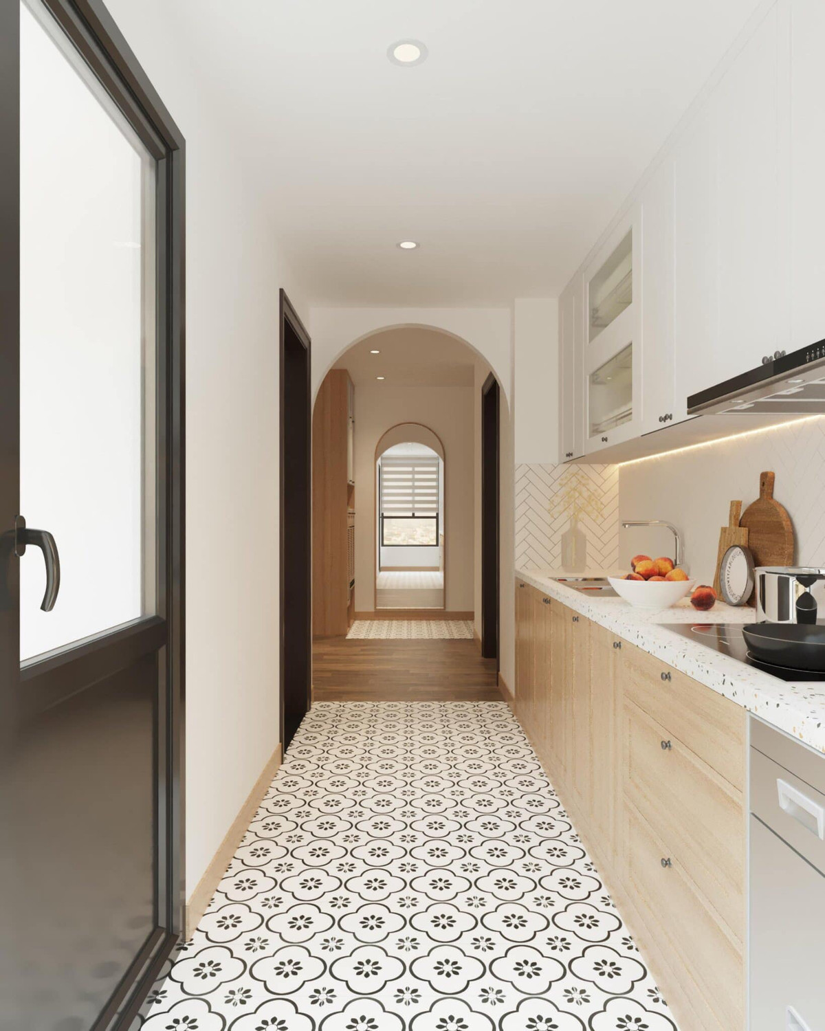 Bếp liên kết phòng khách qua mảng tường mái vòm.