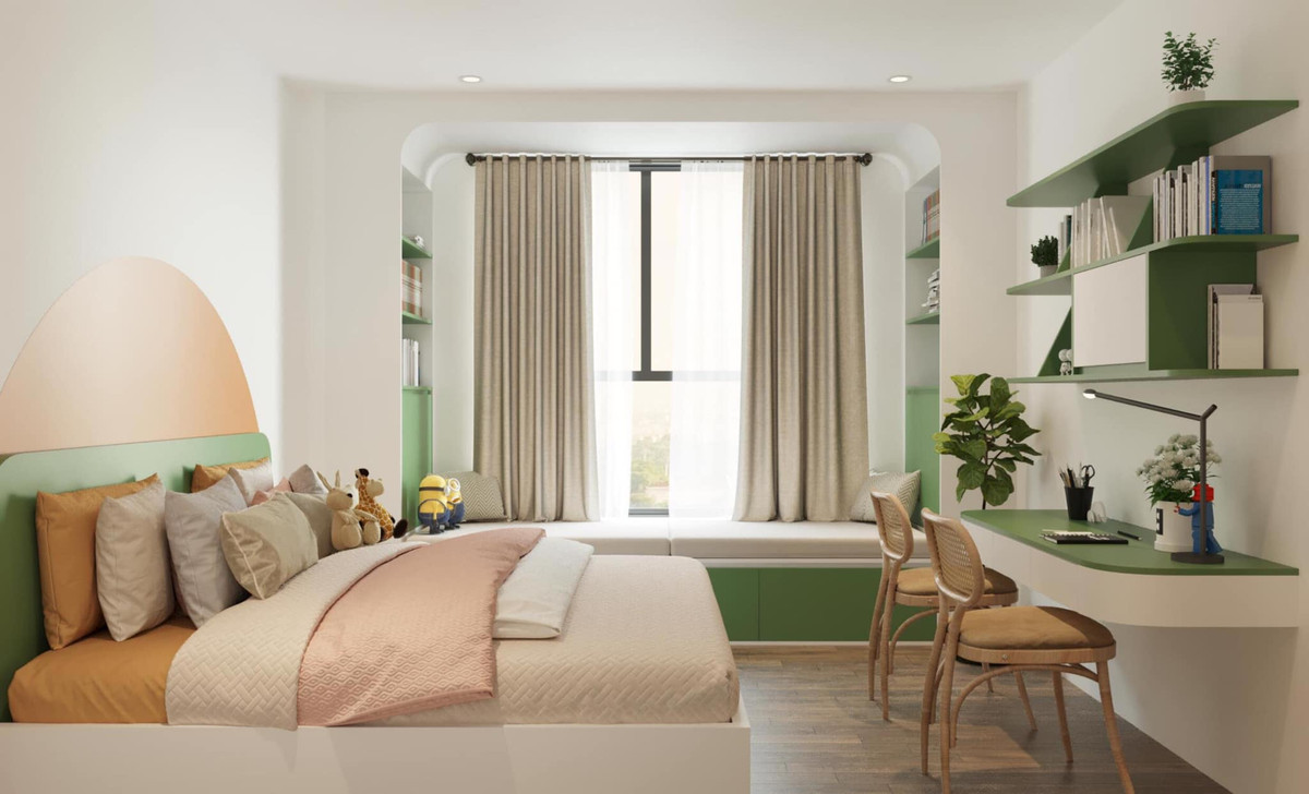 Phòng ngủ của em bé dùng màu xanh cốm mát mắt, nhẹ nhàng.