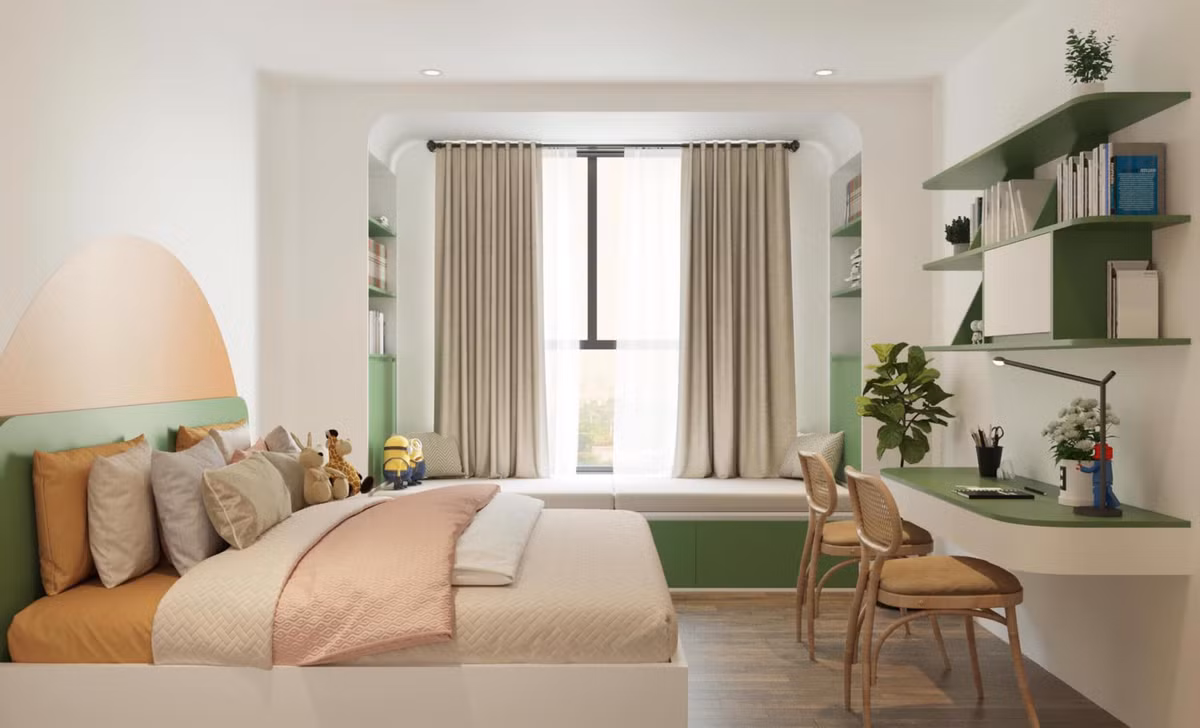 Phòng ngủ của em bé dùng màu xanh cốm mát mắt, nhẹ nhàng.