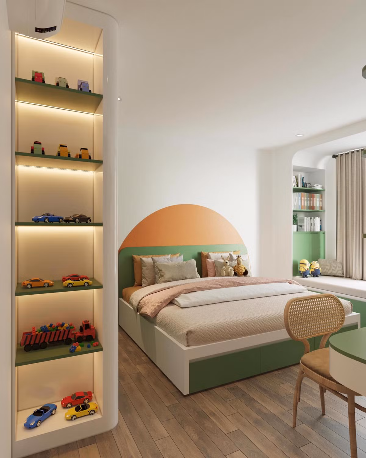 Giường em bé thông minh, có nhiều hộc tủ đựng đồ ngăn nắp. Một khoang tủ thiết kế thành kệ bày bộ sưu tập xe hơi.