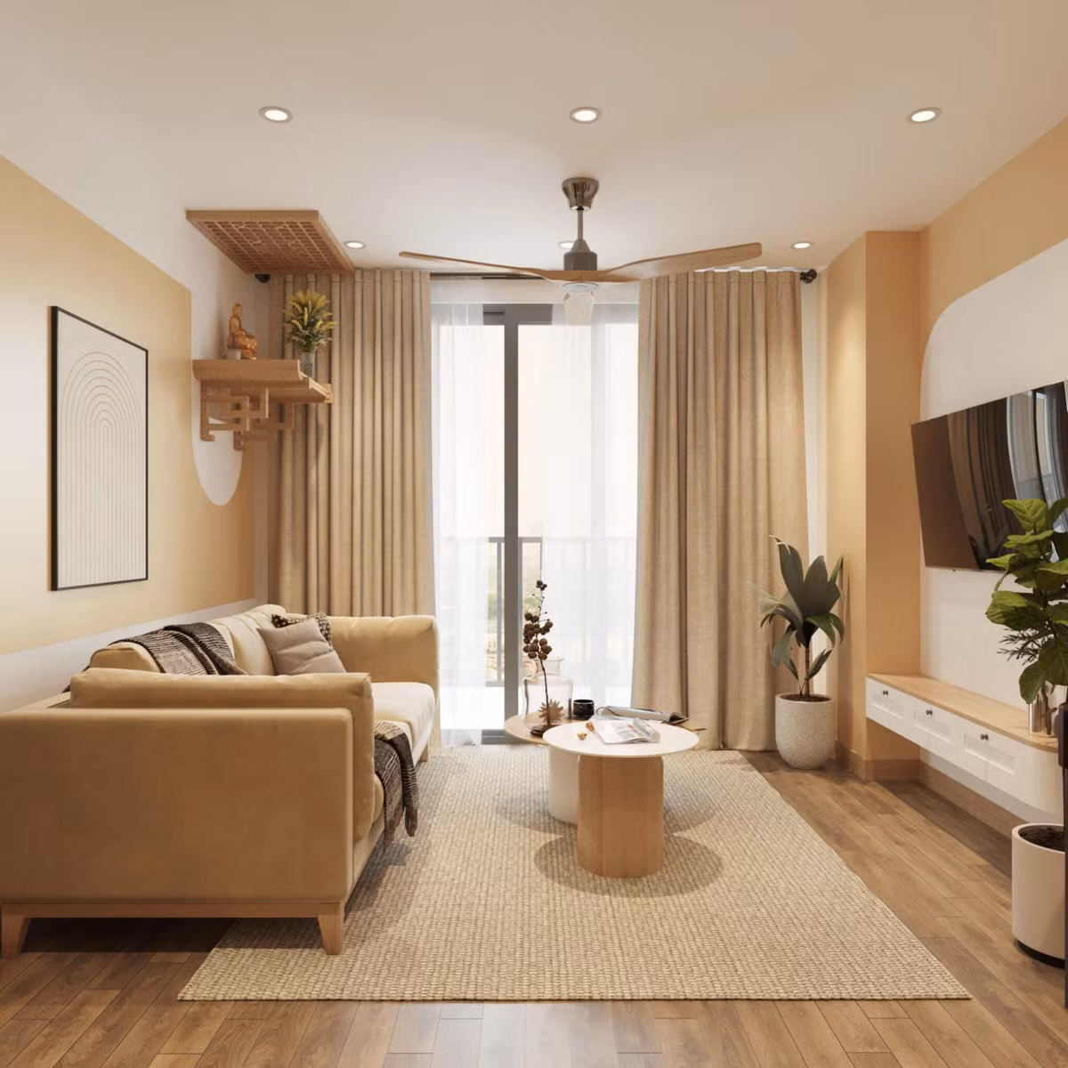  Căn hộ sử dụng gam màu cam pastel là tổ ấm của vợ chồng trẻ. Họ đã vượt qua nhiều thời điểm khó khăn, từ lúc đồng lương bèo bọt, khởi nghiệp vất vả để có ngày hôm nay và sở hữu được căn hộ của riêng mình.