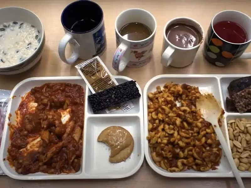 Khẩu phần dã chiến của quân đội Tây Ban Nha bao gồm bít tết hầm, cá thu ngâm, pa tê gan với ớt đỏ, một lon nước trái cây, bánh quy giòn và bánh mì. 