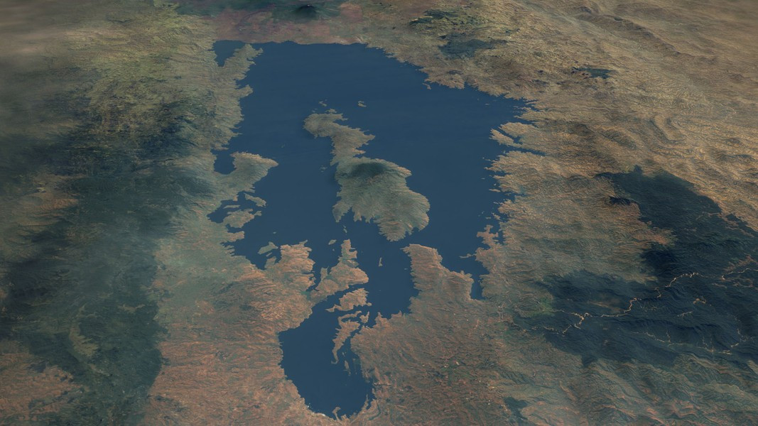  Hồ Kivu nằm giữa biên giới Rwanda và Cộng hòa Dân chủ Congo, được bao quanh bởi những ngọn núi lửa. 