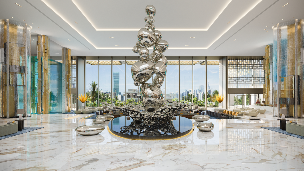 Ở Atlantis - The Royal, các nhà thiết kế nội thất đã lấy cảm hứng từ chủ đề “Nước” tượng trưng cho những giọt mưa đầu tiên trên sa mạc. Ảnh: Thenationalnews.