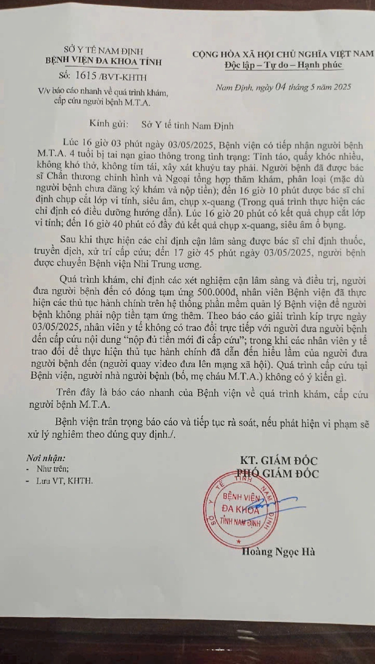 Vu yeu cau dong du tien moi cap cuu, So Y te noi gi?