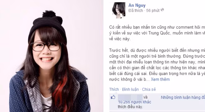 Hot vlogger An Ngụy cũng đã đăng một bài "phát biểu" kêu gọi các bạn trẻ hãy yêu nước bằng một trái tim nóng và một cái đầu lạnh, tránh để cho kẻ xấu lợi dụng, kích động.