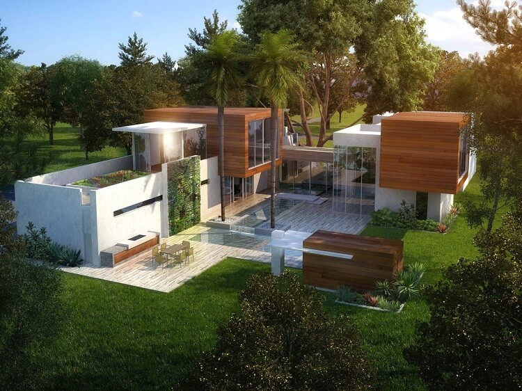 Biệt thự này có kiến trúc hình khối xếp chồng lên nhau tạo ấn tượng mạnh về thị giác, kết hợp hài hòa với hồ bơi vô cực giúp tổng thể công trình cuốn hút mọi ánh nhìn