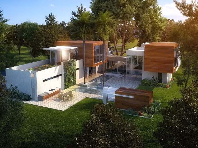 Biệt thự này có kiến trúc hình khối xếp chồng lên nhau tạo ấn tượng mạnh về thị giác, kết hợp hài hòa với hồ bơi vô cực giúp tổng thể công trình cuốn hút mọi ánh nhìn