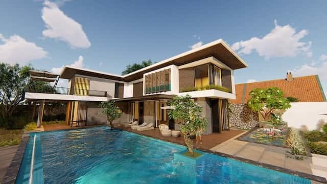 Nhìn tổng thể, mẫu thiết kế biệt thự hiện đại có bể bơi này trông như một bức tranh phong cảnh đẹp mắt. Căn biệt thự có phong cách hiện đại, đường nét tinh tế, đơn giản nhưng không đơn điệu, có sự cân đối, hài hòa với không gian bên ngoài gồm bể bơi, hồ sen, cây cảnh