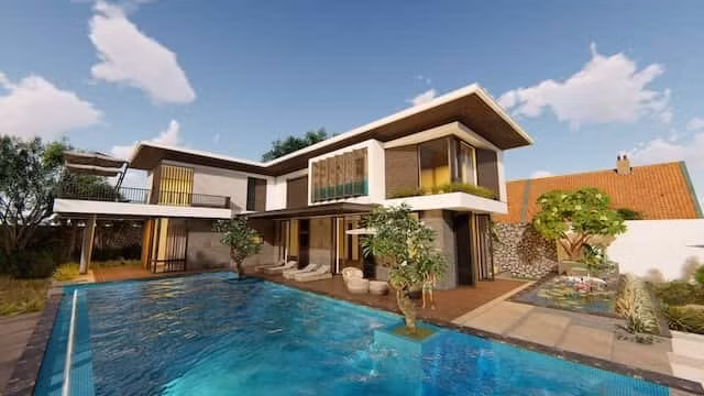 Nhìn tổng thể, mẫu thiết kế biệt thự hiện đại có bể bơi này trông như một bức tranh phong cảnh đẹp mắt. Căn biệt thự có phong cách hiện đại, đường nét tinh tế, đơn giản nhưng không đơn điệu, có sự cân đối, hài hòa với không gian bên ngoài gồm bể bơi, hồ sen, cây cảnh