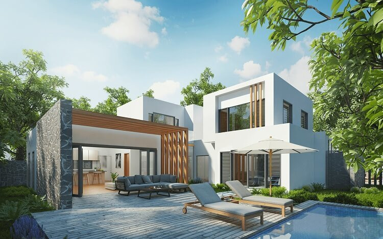 Xây dựng theo kiểu dáng chữ L, bố cục mặt bằng phát triển đa hướng nhìn về phía mặt hồ bơi, biệt thự này có diện mạo đơn giản nhưng không kém phần sang trọng