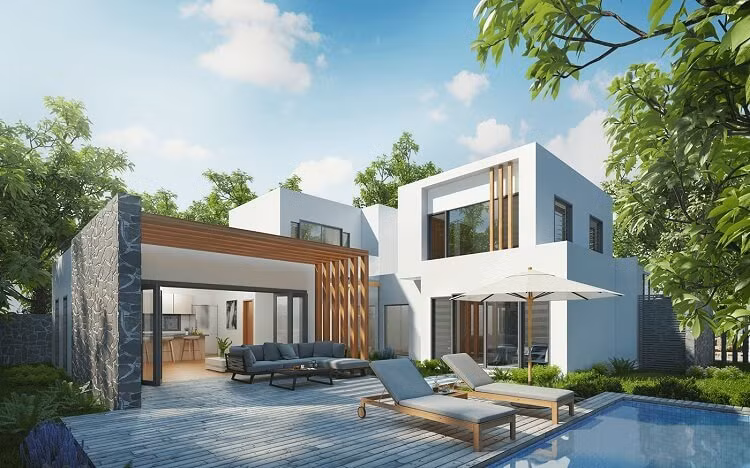 Xây dựng theo kiểu dáng chữ L, bố cục mặt bằng phát triển đa hướng nhìn về phía mặt hồ bơi, biệt thự này có diện mạo đơn giản nhưng không kém phần sang trọng