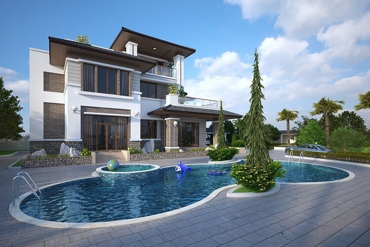 Các mẫu bể bơi rất đa dạng về kiểu dáng: tròn, bầu dục, vuông, chữ nhật… phù hợp với nhiều phong cách kiến trúc biệt thự khác nhau