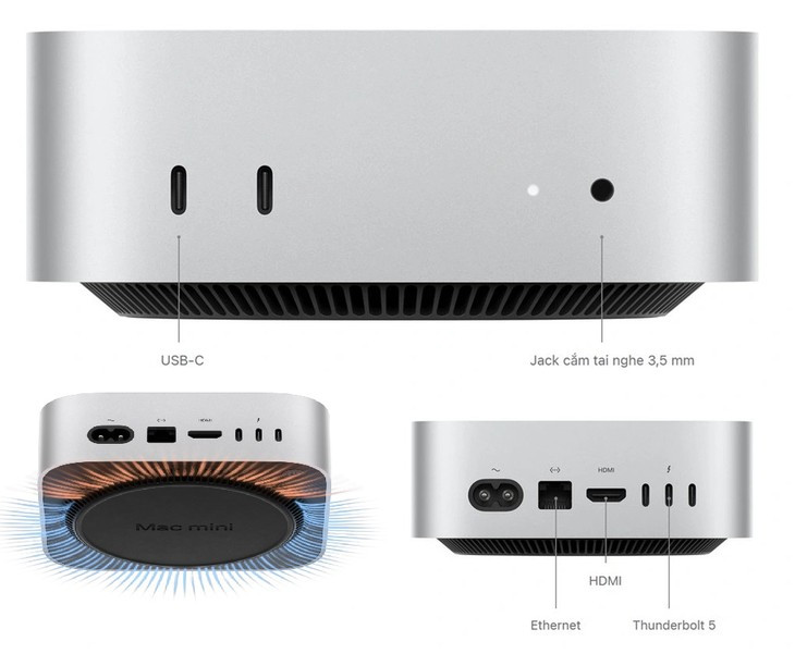 Tổng thể ngoại hình và các kết nối được trang bị trên Mac mini M4.