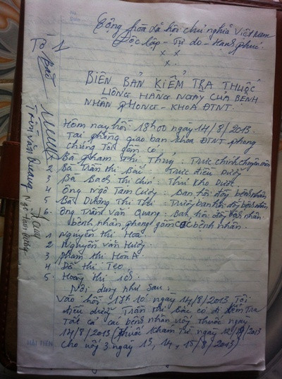 Biên bản kiểm tra thuốc uống hàng ngày của bệnh nhân phong tại TTDL Hà Đông
