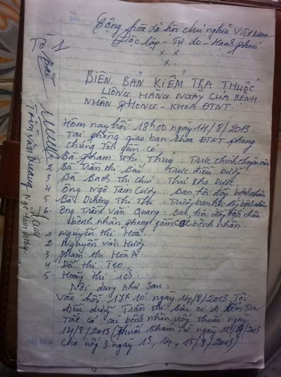 Biên bản kiểm tra thuốc uống hàng ngày của bệnh nhân phong tại TTDL Hà Đông