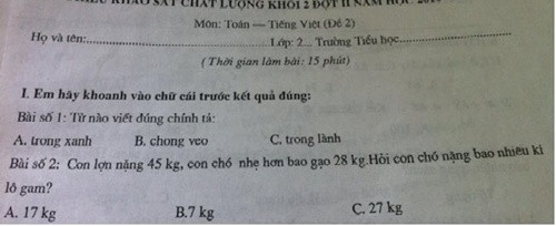 2 bài tập, cùng các đáp án trong đề thi "Toán - Văn" được đưa ra cho học sinh lớp 2, của một trường tiểu học (?) giải