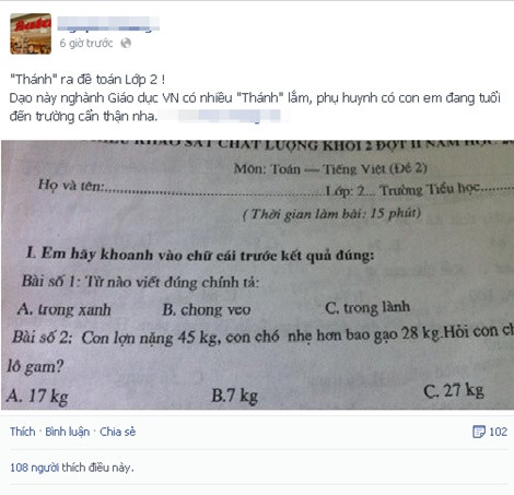 Đề "Toán - Văn" lớp 2 xuất hiện, khiến nhiều người thắc mắc