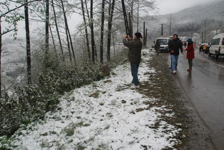 Khách du lịch thích thú chụp cảnh tuyết rơi tại Sa Pa vào tháng 3/2011.