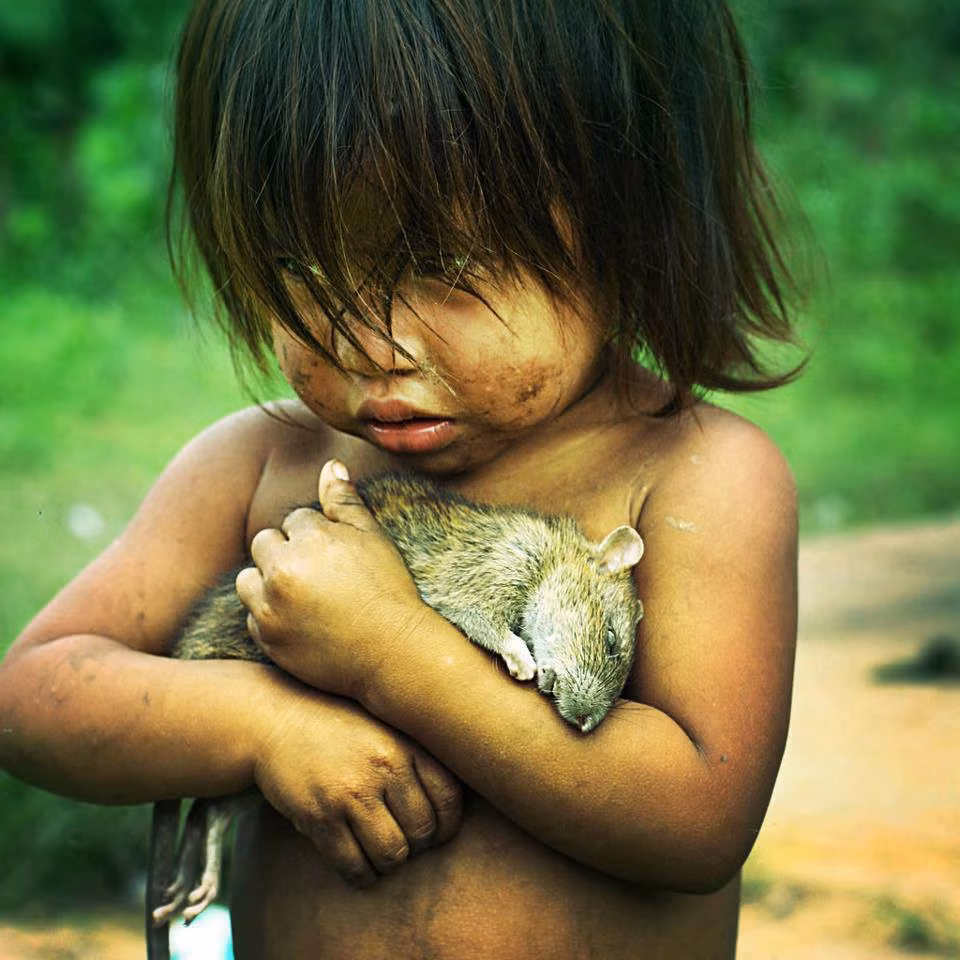 "Em không có tiền tài hay vật chất/Nhưng tâm hồn em ngập tiếng yêu thương/ Biết xót xa cho cả loài vật nhỏ/Đáng yêu thay nét đẹp của tâm hồn". Ảnh đã khiến hơn 27.000 người xem phải suy ngẫm.