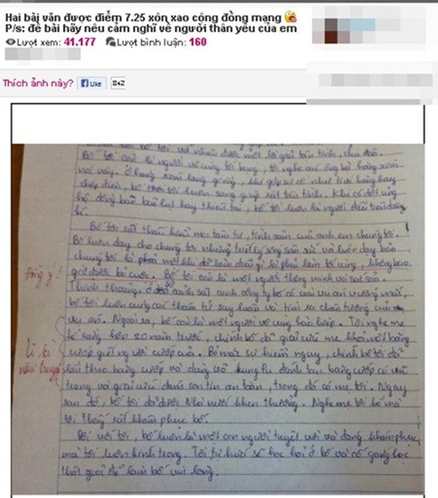 Ảnh chụp bài văn xuất hiện trên một trang mạng giải trí Việt, kèm với chú thích “Hai bài văn được điểm 7,25 xôn xao cộng đồng mạng”.