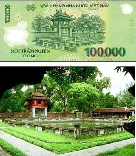 Văn miếu Quốc Tử Giám, Hà Nội được in trong tờ một trăm nghìn đồng