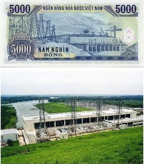Trong tờ năm nghìn đồng là nhà máy thủy điện Trị An