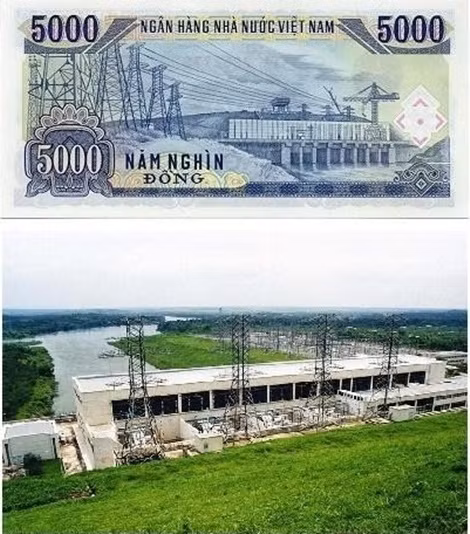 Trong tờ năm nghìn đồng là nhà máy thủy điện Trị An
