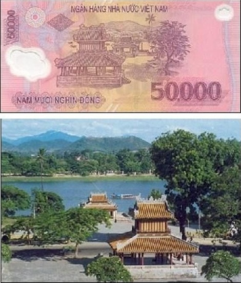 Tờ tiền năm mươi nghìn là địa danh Nghênh Lương Đình - Phu Văn Lâu bên bờ sông Hương (Huế)