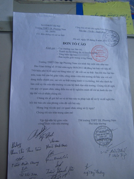 Đơn tố cáo của trường THPT Dân lập Phương Nam có dấu của trường, chữ ký các cán bộ, giáo viên, nhưng lại viết sai chính tả.