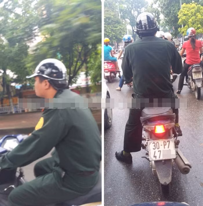 Một chiến sĩ trong sắc phục Cảnh vệ điều khiển xe máy đội mũ bảo hiểm nhưng không cài quai, mà vẫn điều khiển xe máy chạy bình thường. (Ảnh Page Facebook 141).
