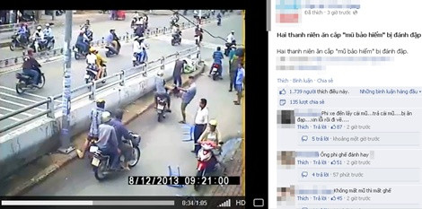Đoạn clip chỉ dài hơn1 phút, được đăng tải lên mạng xã hội Facebook kèm theo chú thích “Hai thanh niên ăn cắp “mũ bảo hiểm” bị đánh đập”. (Ảnh chụp từ màn hình Facebook)