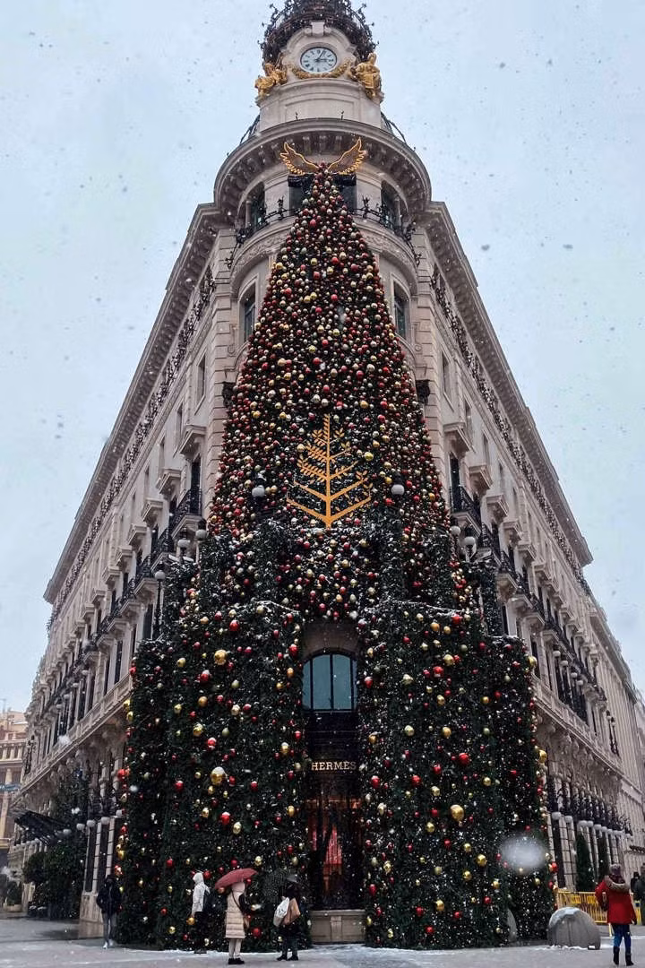 Đây được coi là cây thông Noel sáng tạo nhất ở Madrid (Tây Ban Nha) khi được đặt ở mặt tiền của khách sạn Bốn Mùa.