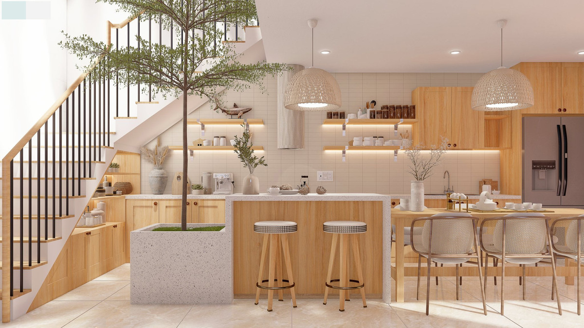 Các khu vực sinh hoạt kết nối với nhau thông qua cây xanh. Phòng giặt đồ không sử dụng tường gạch kín mà dùng gạch lỗ để tạo ra các khe hở, cho gió đối lưu.