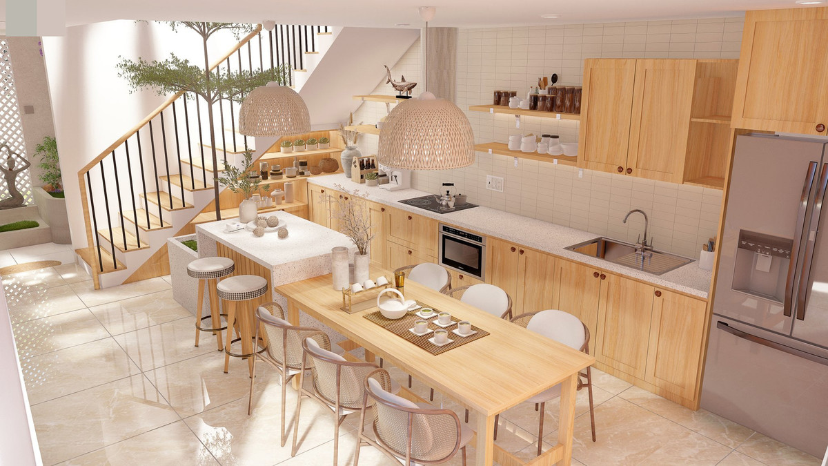 Phòng bếp + ăn bố trí 1 bàn ăn chính và 1 bàn ăn phụ+bàn đảo, phục vụ linh động cho gia đình khi ít người hoặc mời khách. Tiếp nối đó là cầu thang và khoảng giếng trời thông gió cùng cây xanh lọc khí tươi.