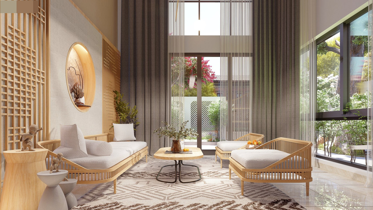 Trần cao thoáng với hệ cửa kính lớn thay tường gạch, chỉ cần kéo rèm là ánh sáng ùa vào mọi ngóc ngách trong nhà.