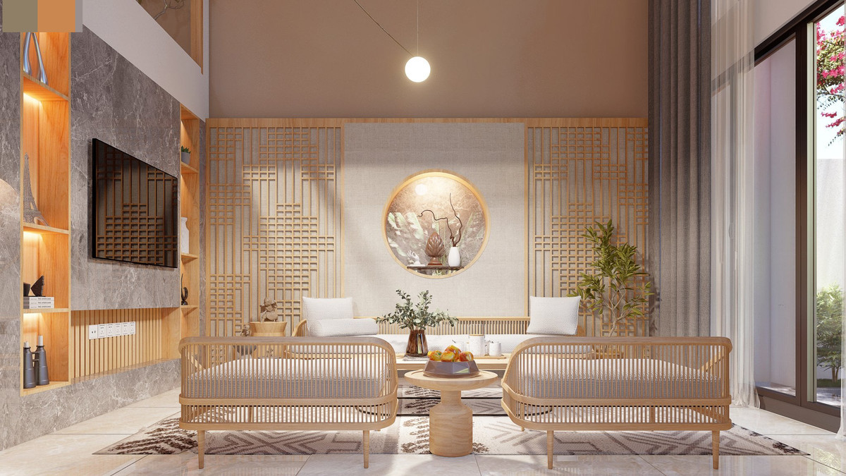 Phòng khách rộng mở, nhìn ra khu cây xanh thoáng gió.